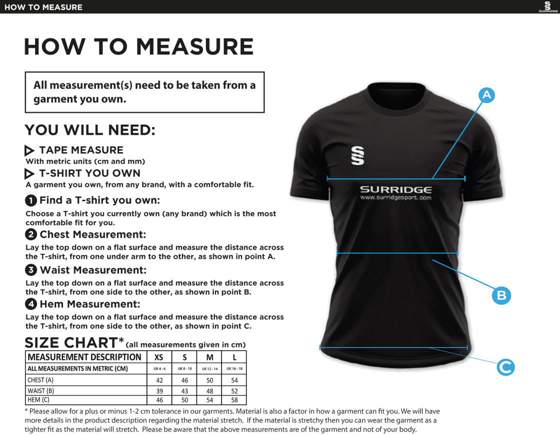 Women's Hockey - Dual Solid Colour Polo : Black - Size Guide