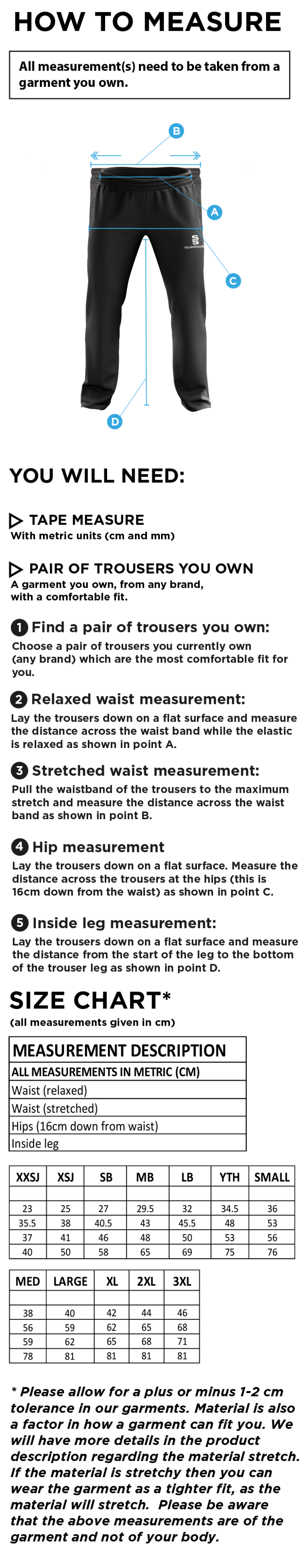 Skydiving - Poplin Track Pant - Men's FIt - Size Guide